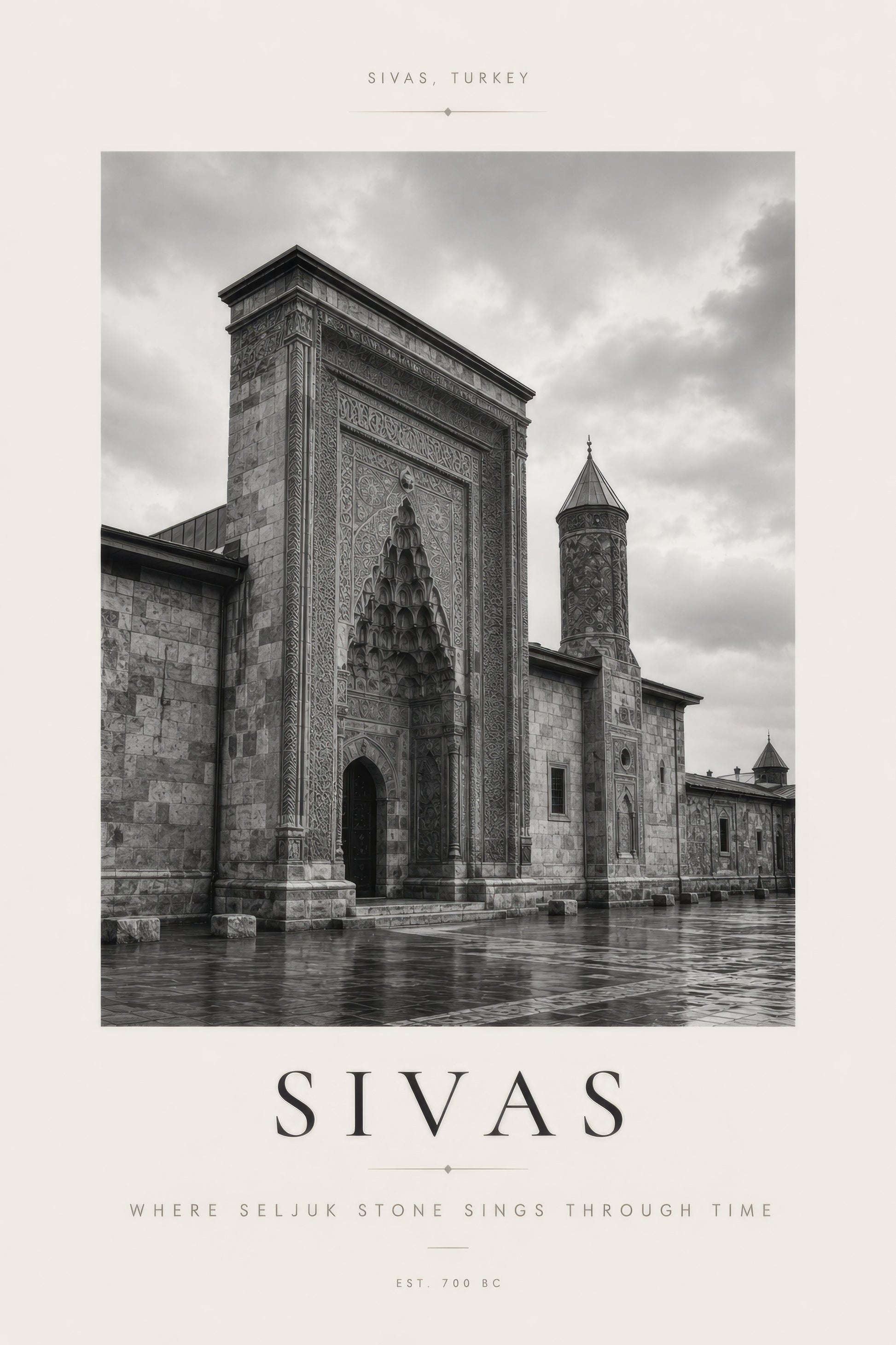 Gri Beyaz Sivas Tarihi Mimari Siyah Beyaz Duvar Tablosu