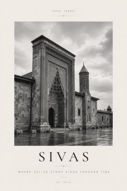 Gri Beyaz Sivas Tarihi Mimari Siyah Beyaz Duvar Tablosu