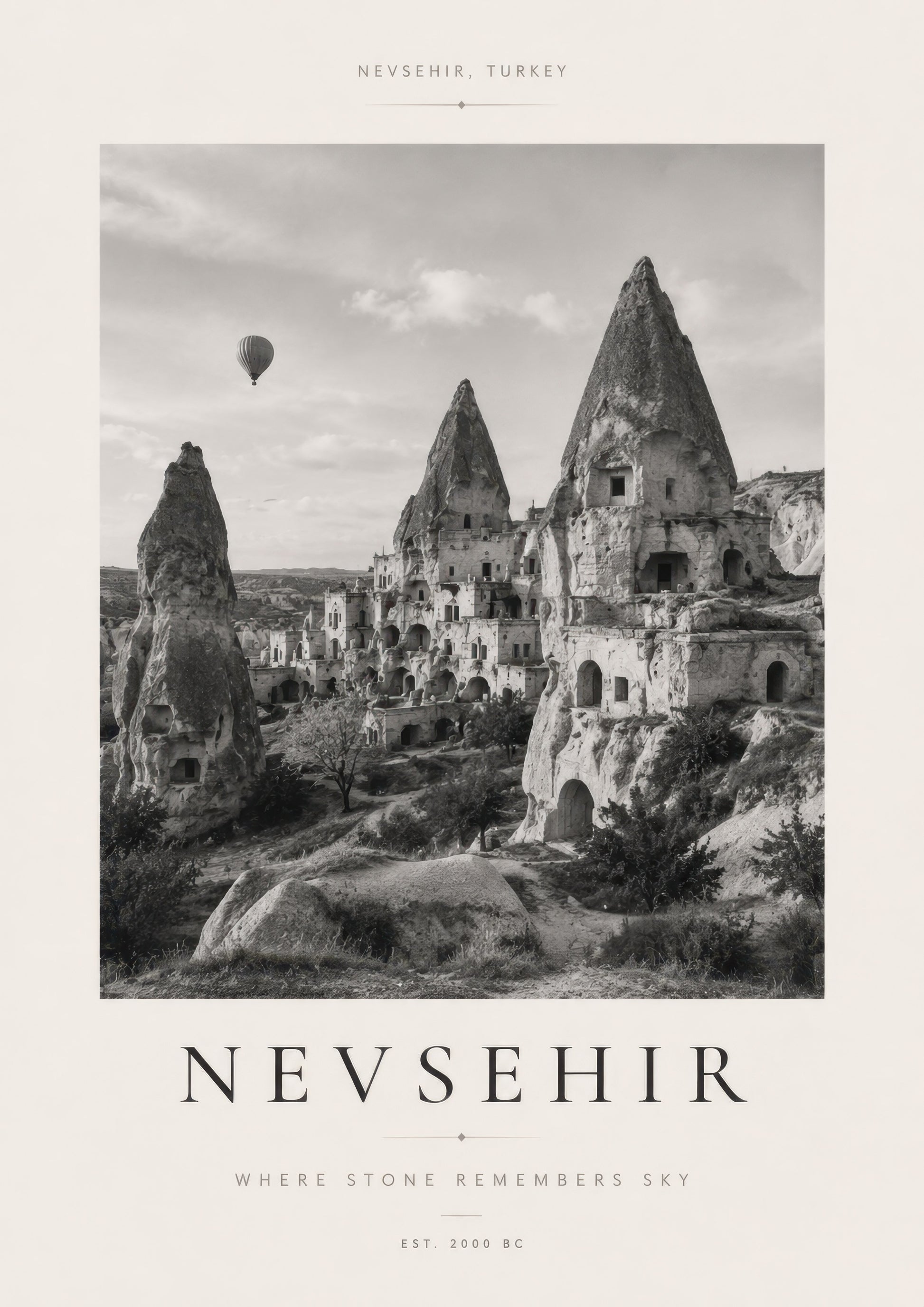 Bej Gri Nevşehir Kapadokya Peribacaları Siyah Beyaz Duvar Tablosu