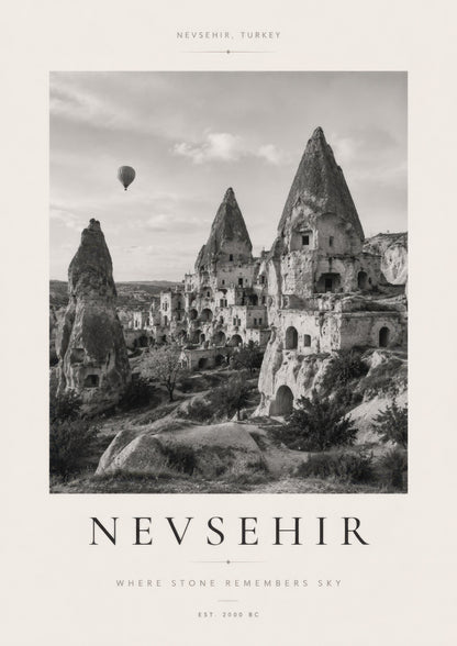 Bej Gri Nevşehir Kapadokya Peribacaları Siyah Beyaz Duvar Tablosu