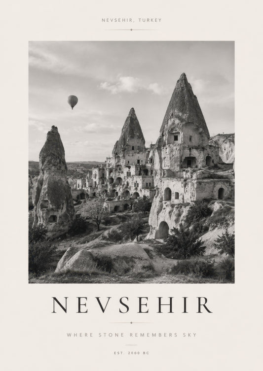 Bej Gri Nevşehir Kapadokya Peribacaları Siyah Beyaz Duvar Tablosu