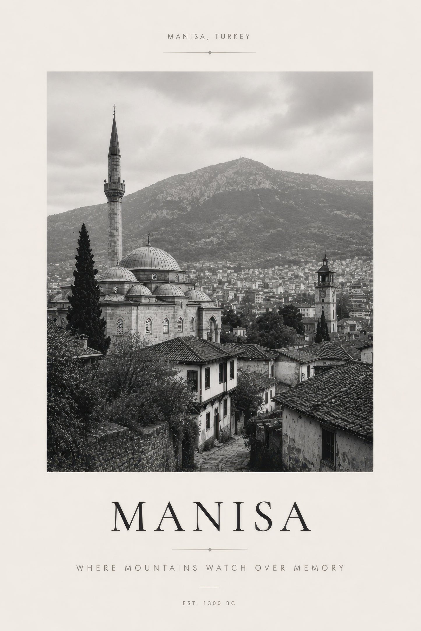 Gri Bej Manisa Tarihi Şehir Manzarası Siyah Beyaz Duvar Tablosu