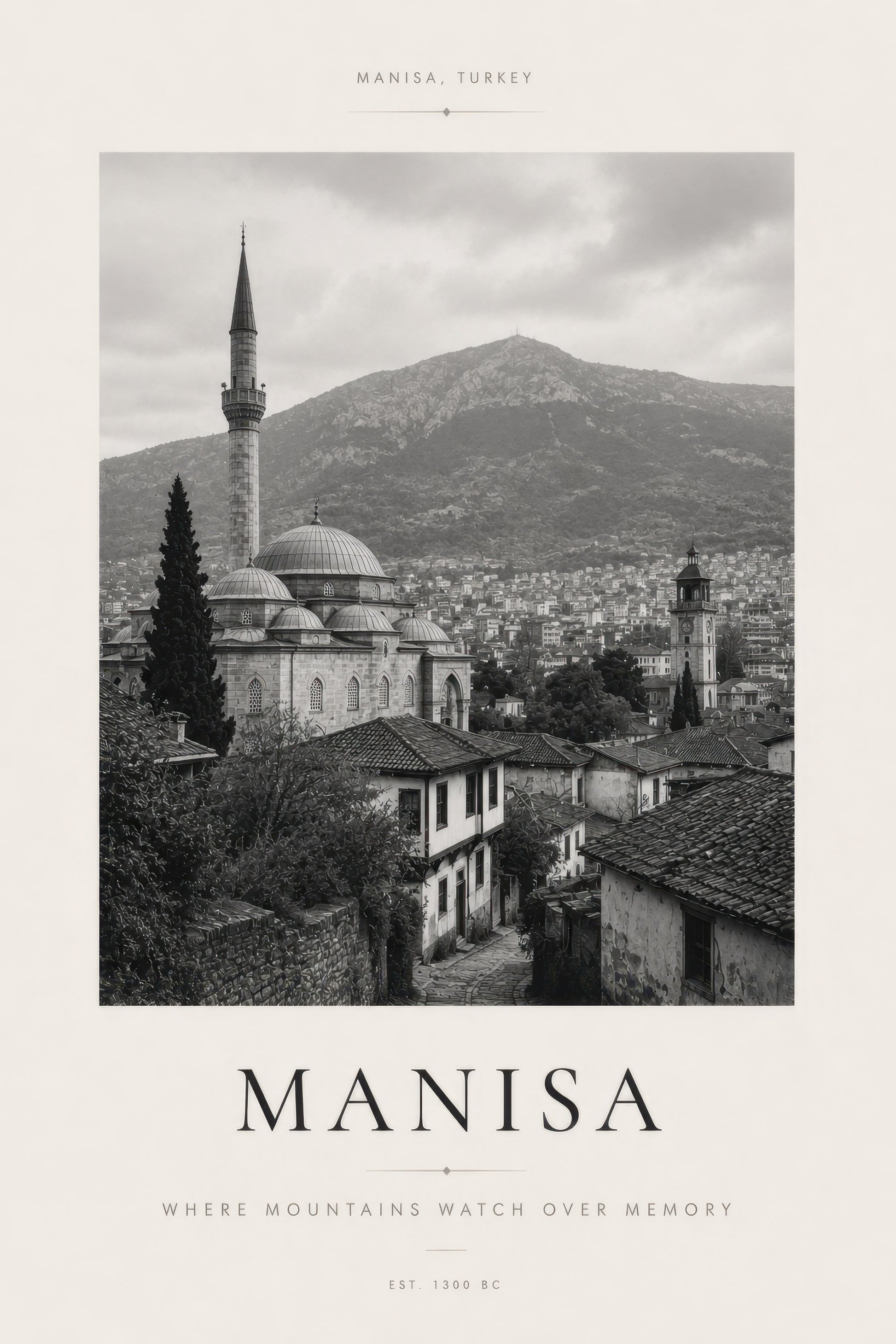 Gri Bej Manisa Tarihi Şehir Manzarası Siyah Beyaz Duvar Tablosu