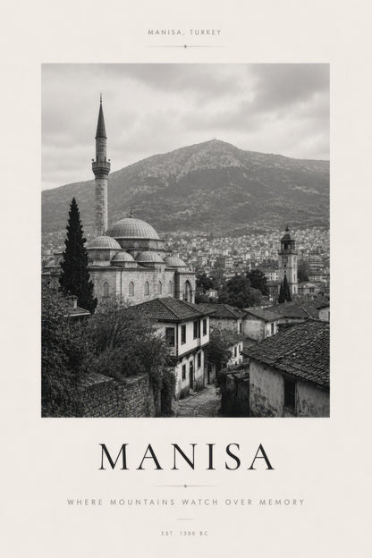 Gri Bej Manisa Tarihi Şehir Manzarası Siyah Beyaz Duvar Tablosu