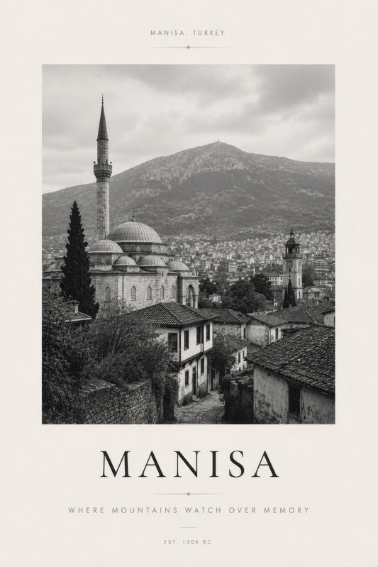 Gri Bej Manisa Tarihi Şehir Manzarası Siyah Beyaz Duvar Tablosu