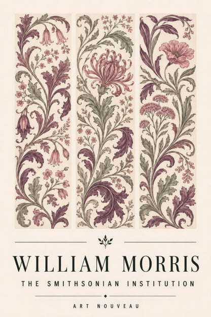 Mor Pembe Zeytin Yeşili Klasik Botanik Süsleme Art Nouveau Duvar Tablosu