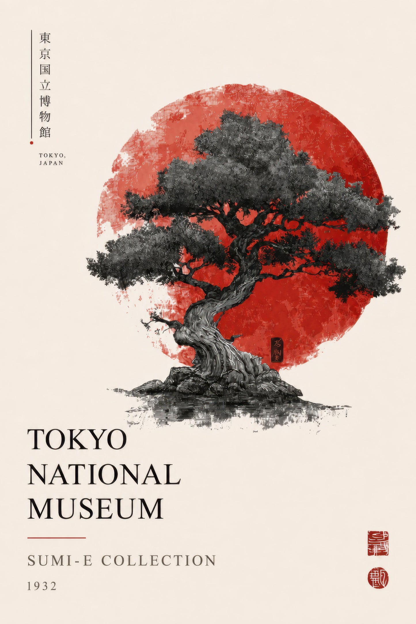 Kırmızı Siyah Japon Bonsai Ağacı Sumi-e Duvar Tablosu