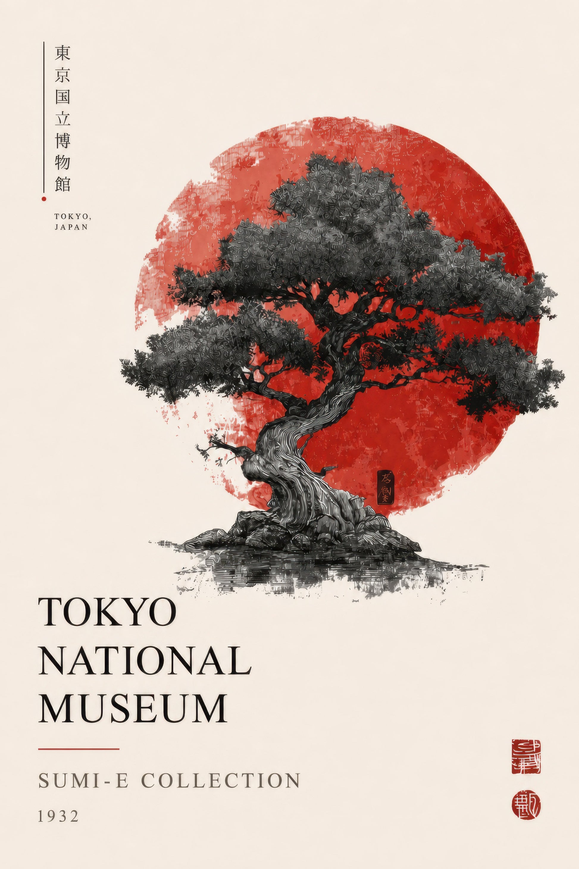 Kırmızı Siyah Japon Bonsai Ağacı Sumi-e Duvar Tablosu
