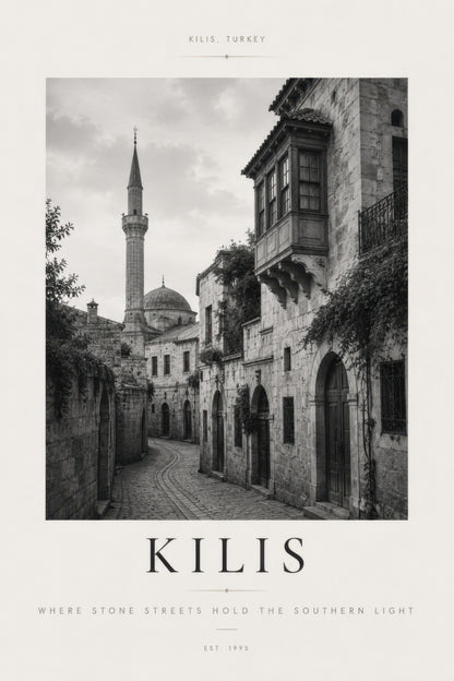 Siyah Beyaz Kilis Tarihi Sokak Manzarası Nostaljik Duvar Tablosu
