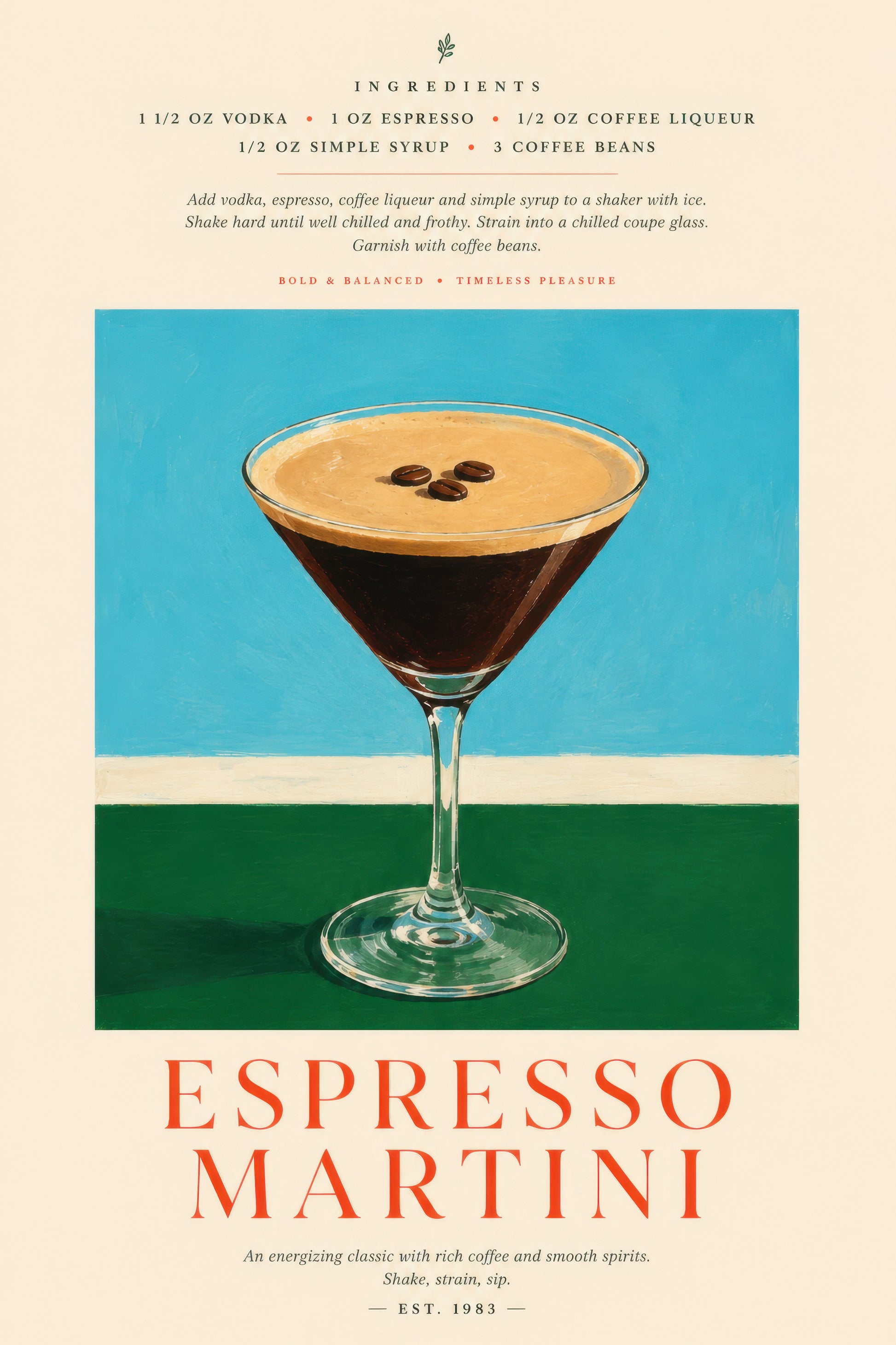 Turkuaz Krem Espresso Martini Kokteyl Retro Duvar Tablosu