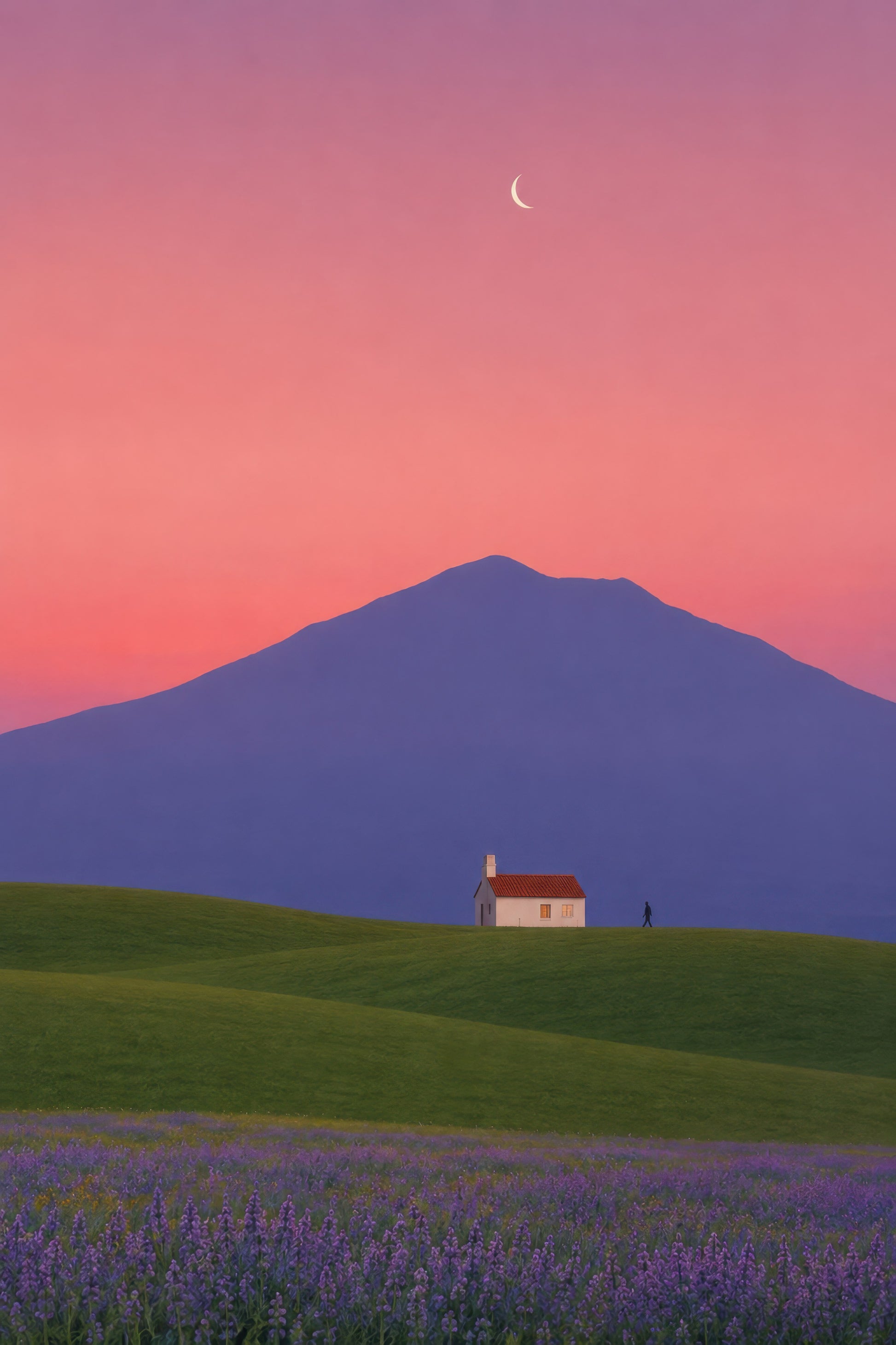 Pembe Mor Lavanta Tarlası Doğa Manzarası Minimalist Duvar Tablosu