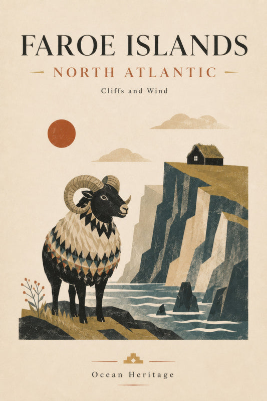Bej Kahverengi Faroe Adaları Vintage Seyahat Posteri Duvar Tablosu