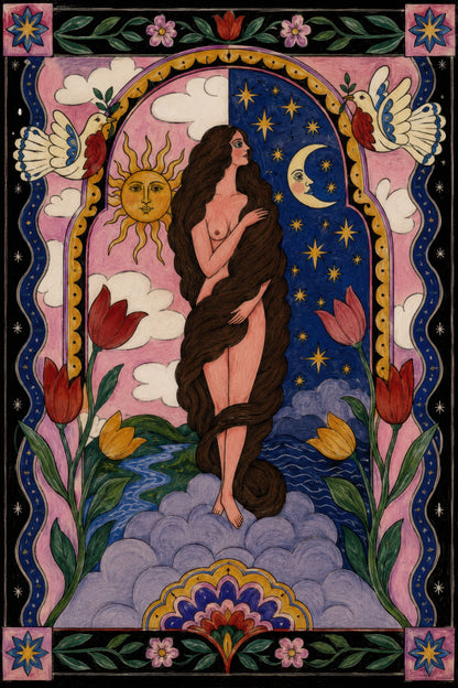 Lacivert Pembe Altın Mitolojik Kadın Figürü Art Nouveau Duvar Tablosu