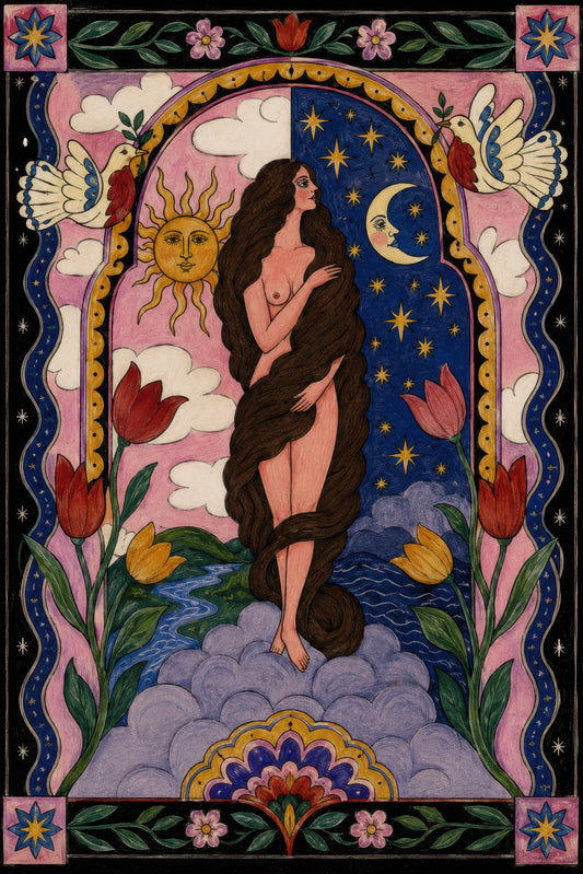 Lacivert Pembe Altın Mitolojik Kadın Figürü Art Nouveau Duvar Tablosu