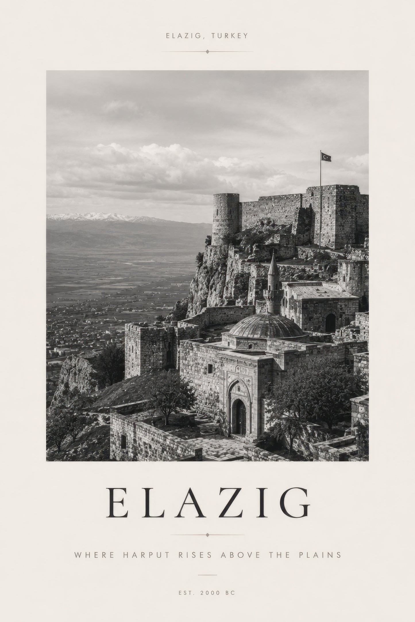 Gri Beyaz Elazığ Harput Kalesi Tarihi Mimari Duvar Tablosu
