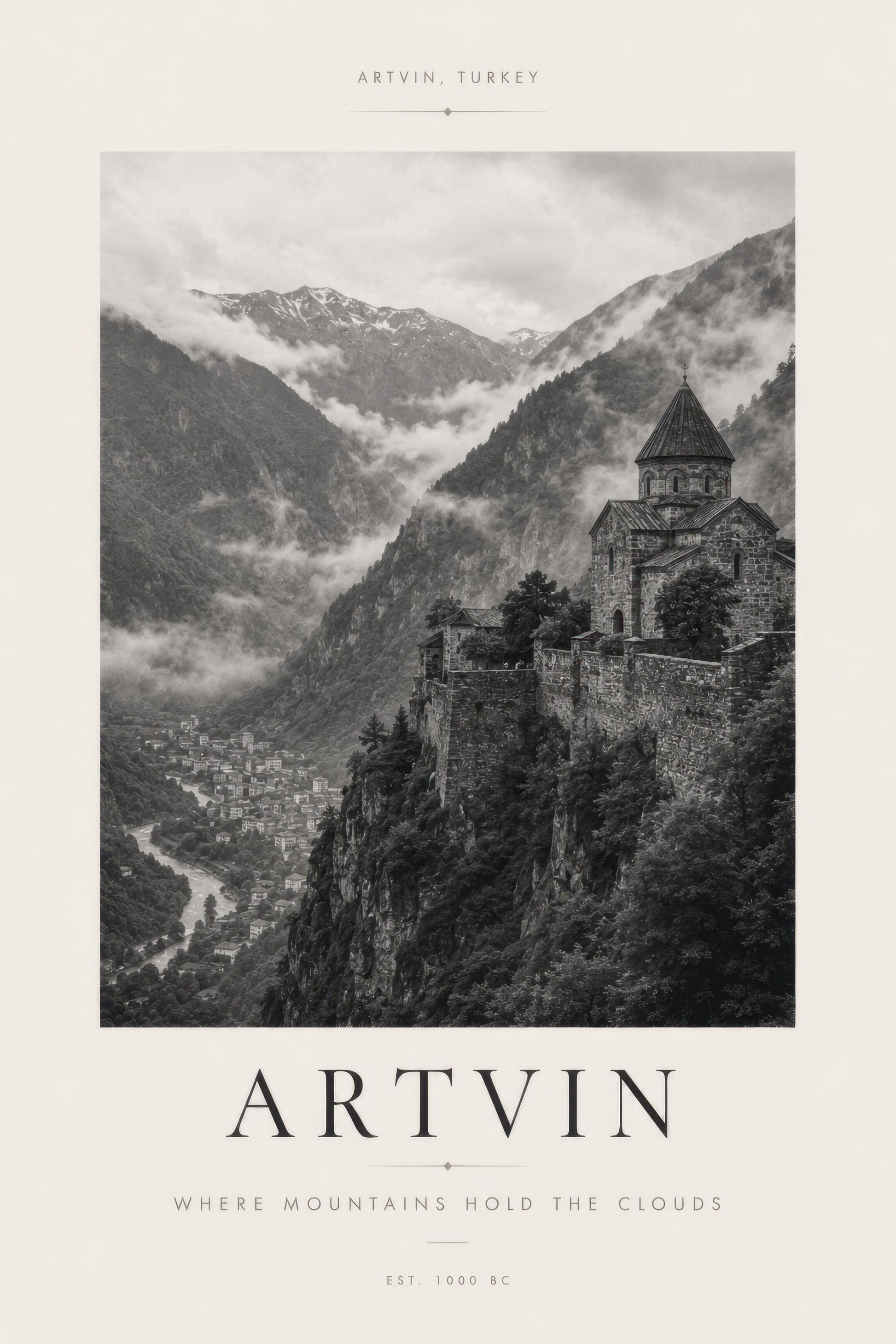 Gri Siyah Artvin Kalesi Tarihi Mimari Duvar Tablosu