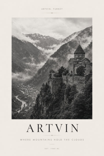Gri Siyah Artvin Kalesi Tarihi Mimari Duvar Tablosu