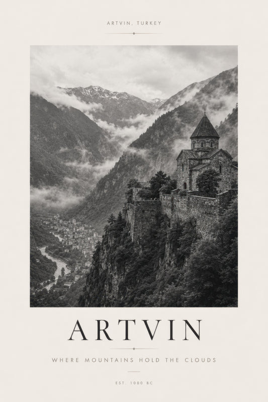 Gri Siyah Artvin Kalesi Tarihi Mimari Duvar Tablosu