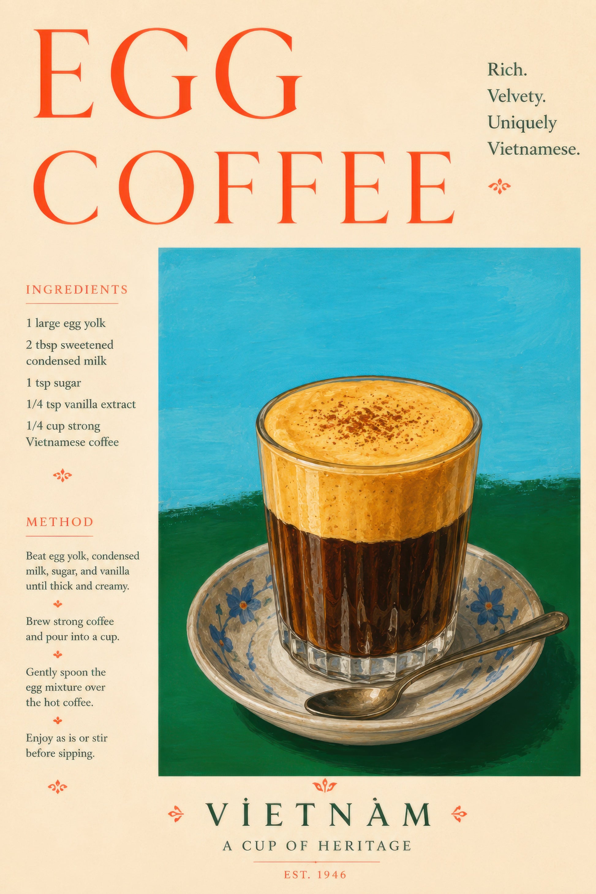 Turuncu Mavi Vietnam Egg Coffee Tarifi Retro Duvar Tablosu