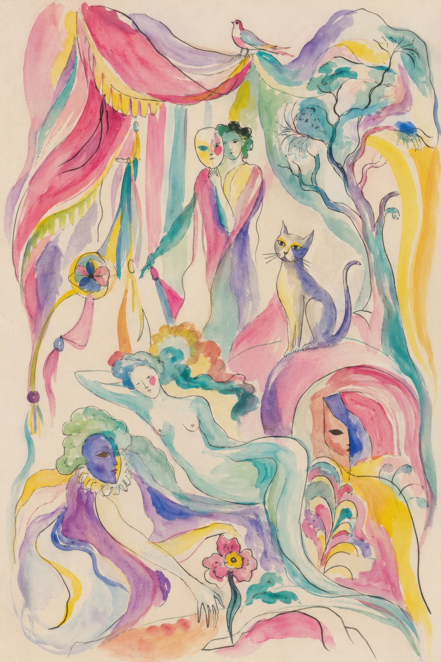 Pembe Mor Turkuaz Sarı Fantastik Figürler Soyut Sanat Duvar Tablosu
