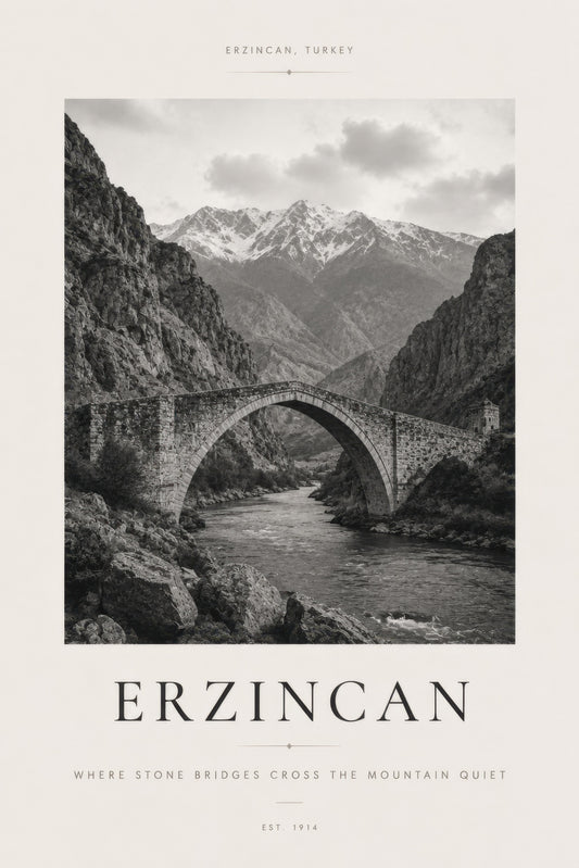 Gri Siyah Beyaz Erzincan Tarihi Köprü Manzarası Siyah Beyaz Duvar Tablosu
