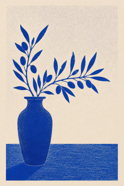 Mavi Bej Zeytin Dalı Vazoda Minimalist Duvar Tablosu