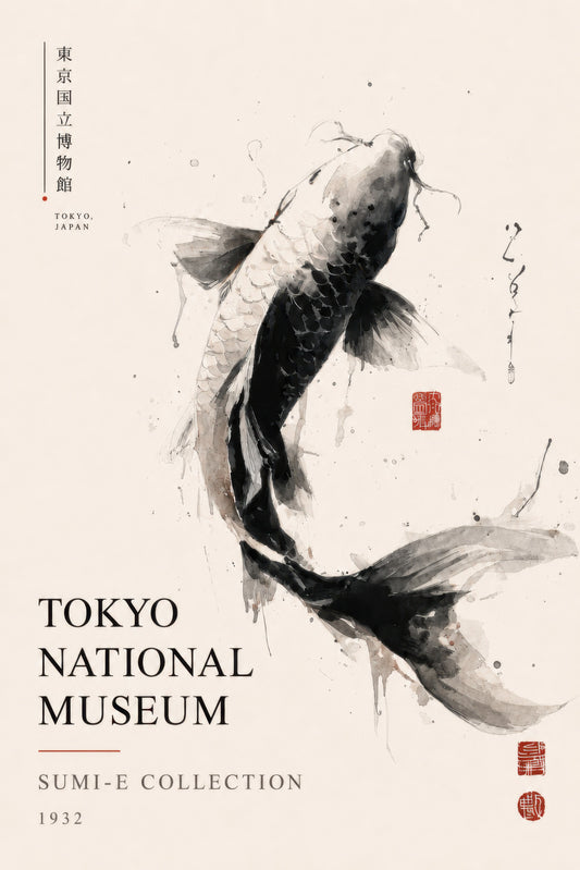 Siyah Beyaz Koi Balığı Japon Sumi-e Duvar Tablosu