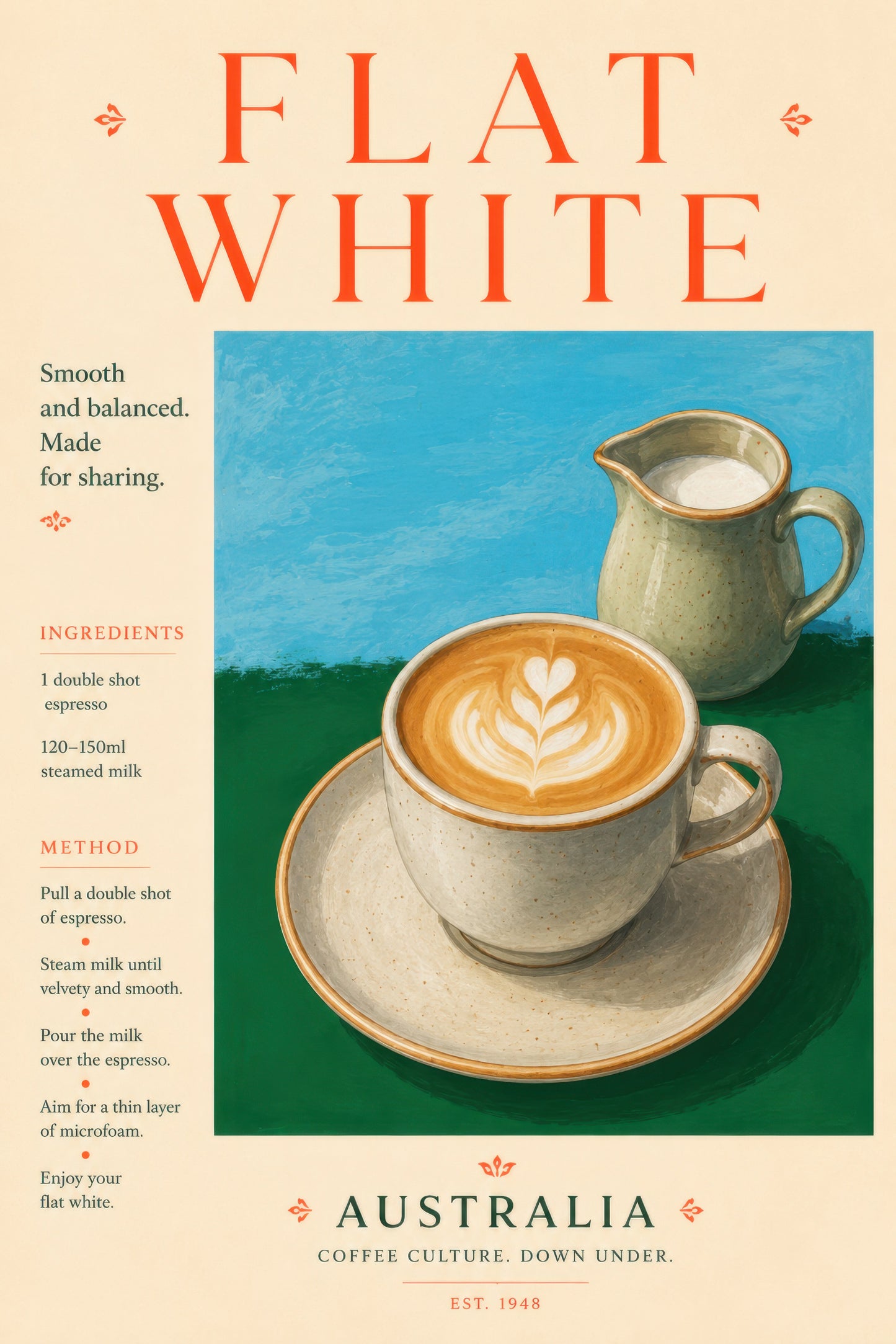 Krem Turuncu Kahve Latte Art Retro Flat White Tarifi Duvar Tablosu