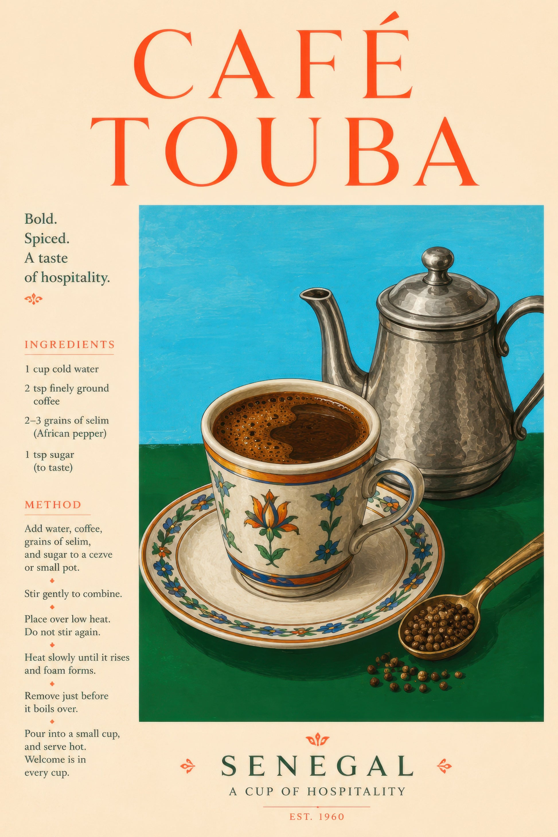 Turuncu Turkuaz Senegal Kahvesi Vintage Poster Duvar Tablosu