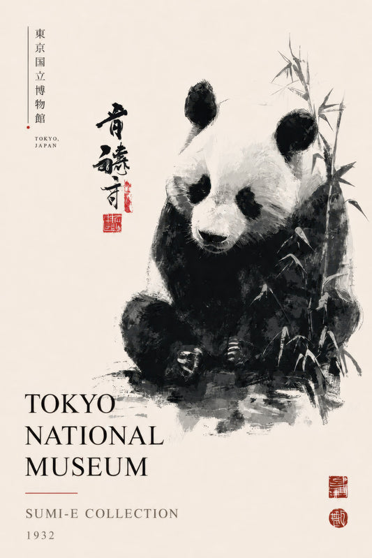 Siyah Beyaz Krem Panda Japon Sumi-e Mürekkep Sanatı Duvar Tablosu