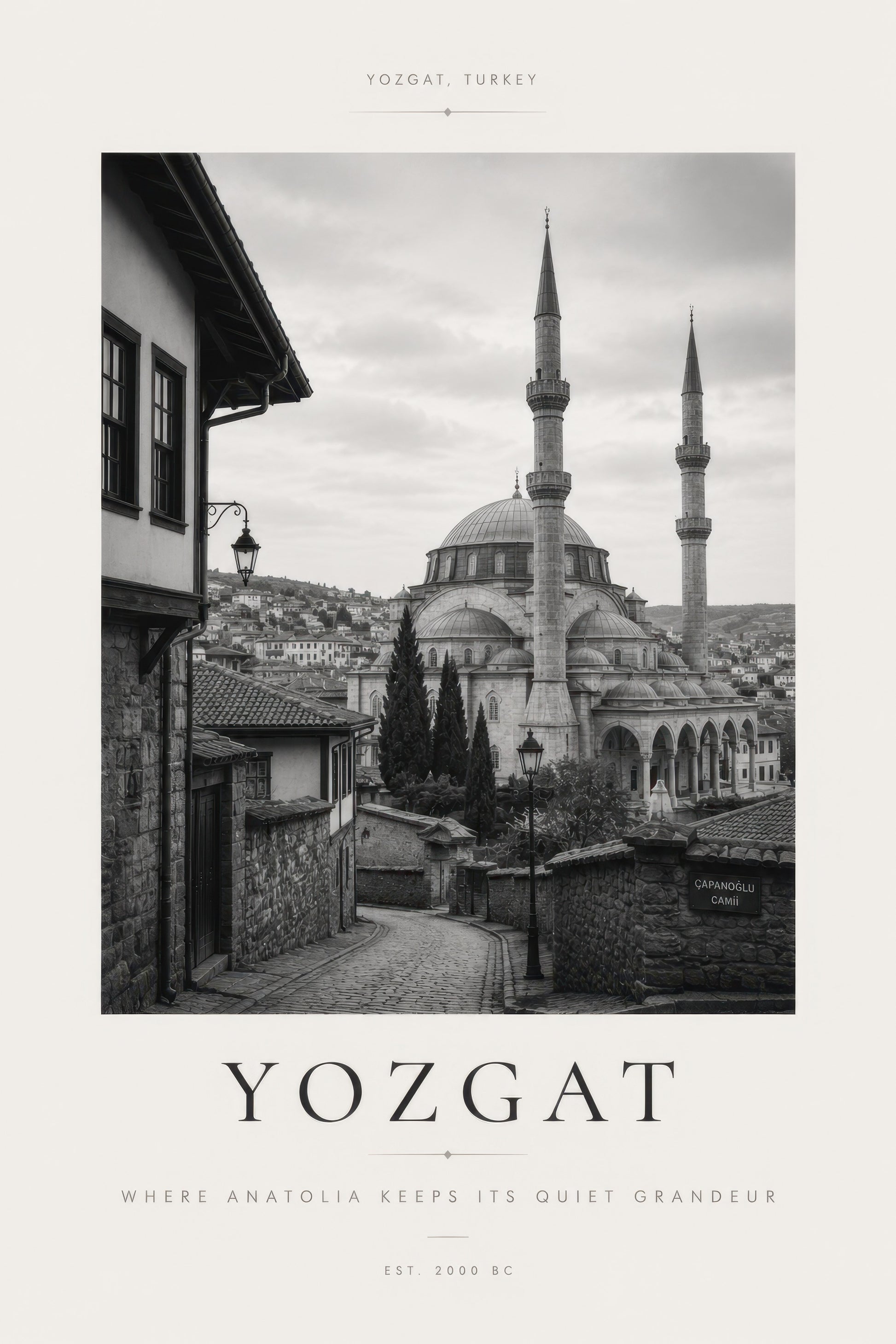 Siyah Beyaz Gri Yozgat Cami Manzarası Nostaljik Duvar Tablosu