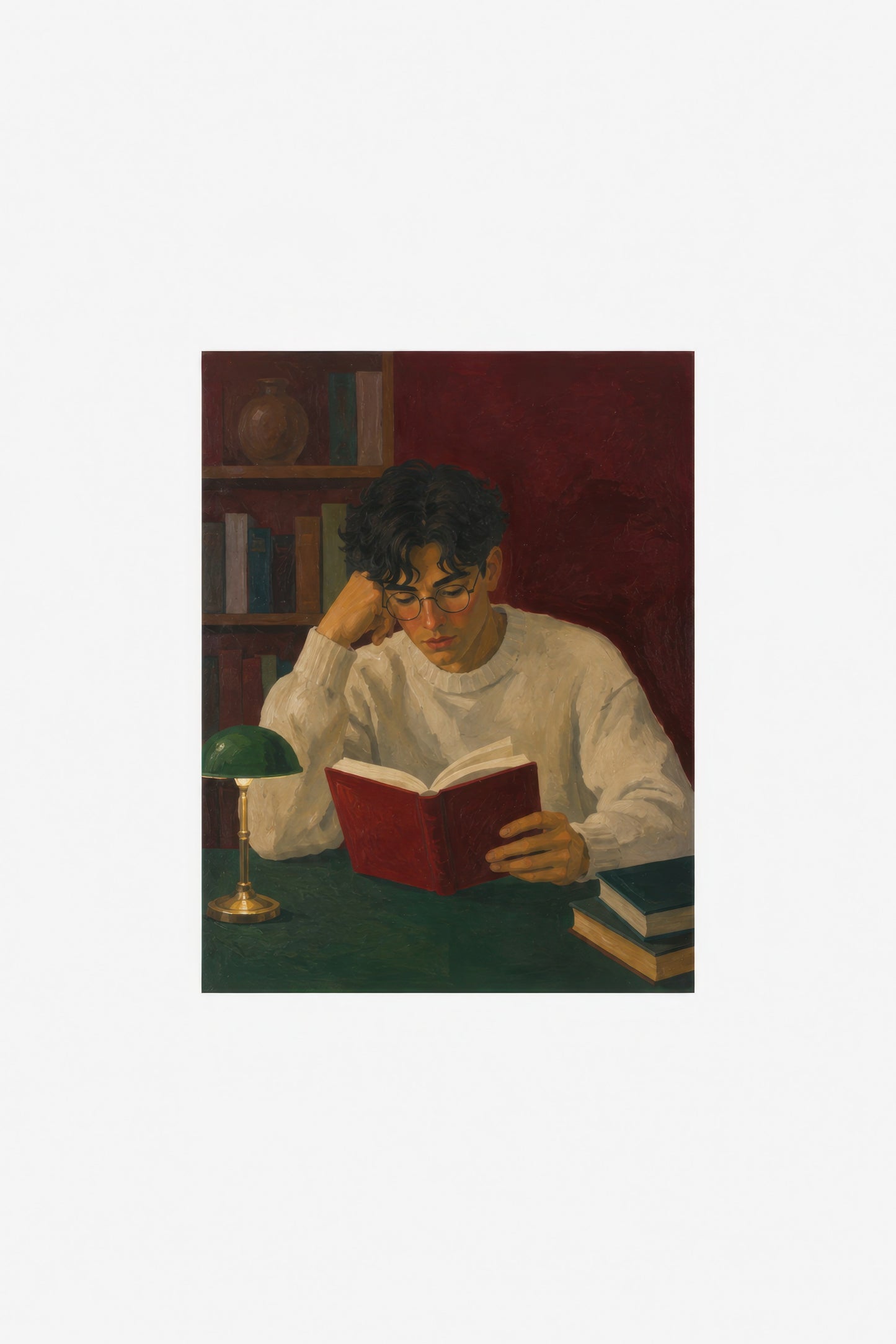 Bordo Yeşil Kitap Okuyan Genç Klasik Portre Duvar Tablosu