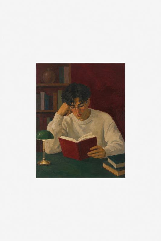Bordo Yeşil Kitap Okuyan Genç Klasik Portre Duvar Tablosu