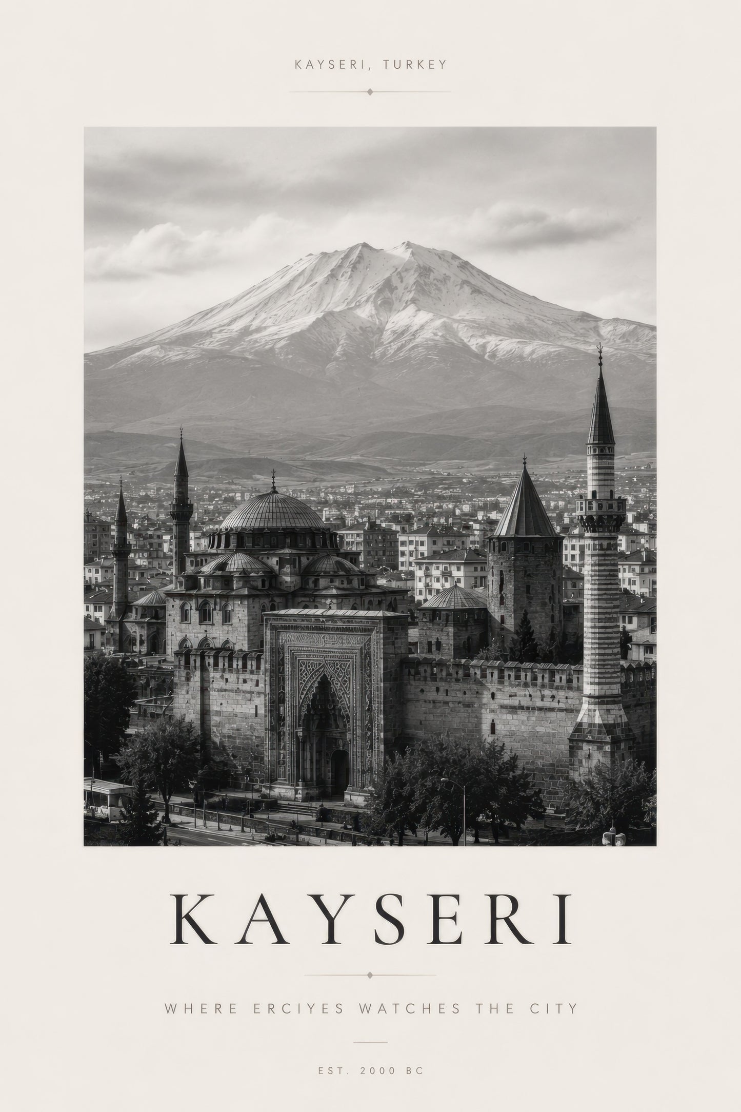 Siyah Beyaz Kayseri Erciyes Manzarası Mimari Duvar Tablosu