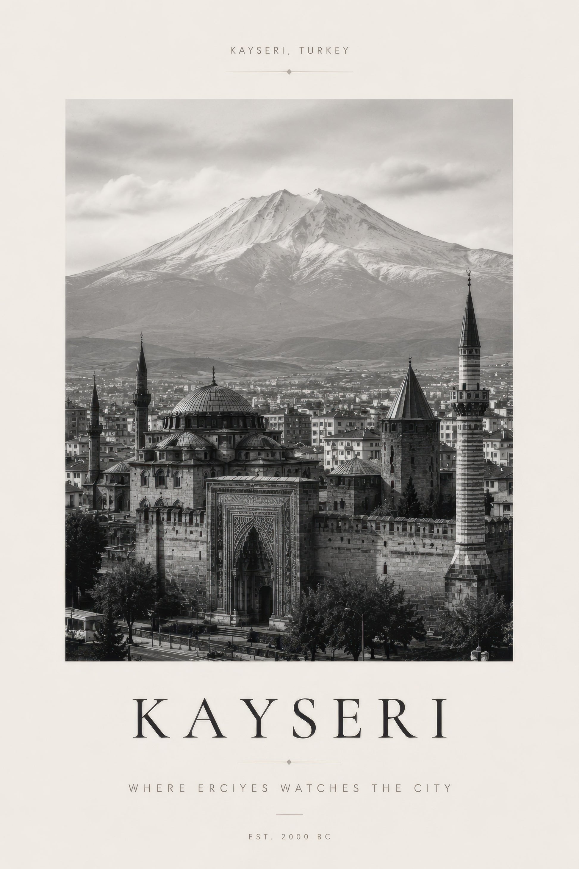 Siyah Beyaz Kayseri Erciyes Manzarası Mimari Duvar Tablosu