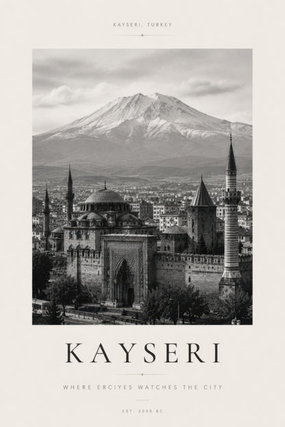 Siyah Beyaz Kayseri Erciyes Manzarası Mimari Duvar Tablosu