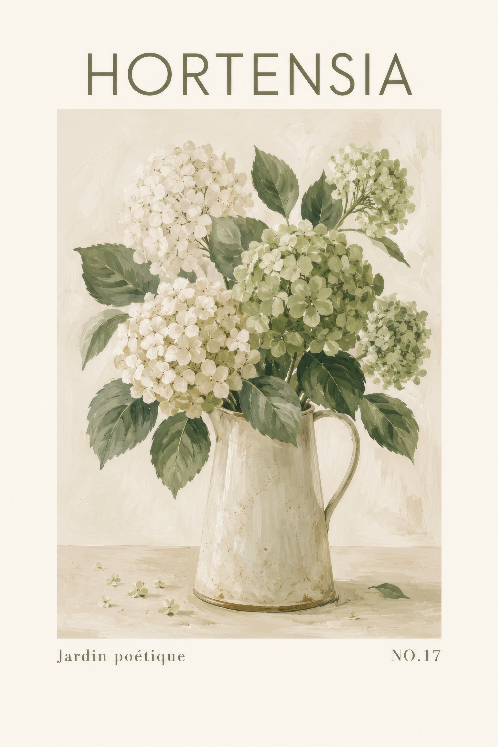 Yeşil Krem Hortensia Çiçekleri Botanik Duvar Tablosu