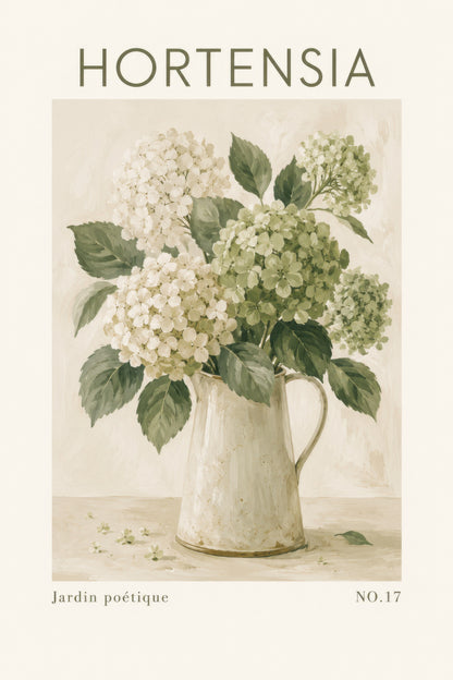 Yeşil Krem Hortensia Çiçekleri Botanik Duvar Tablosu