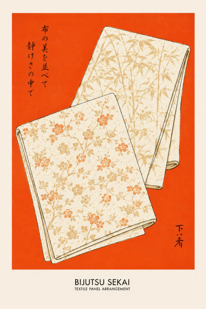 Turuncu Krem Japon Kumaş Desenleri Vintage Duvar Tablosu