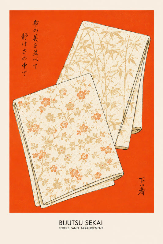 Turuncu Krem Japon Kumaş Desenleri Vintage Duvar Tablosu
