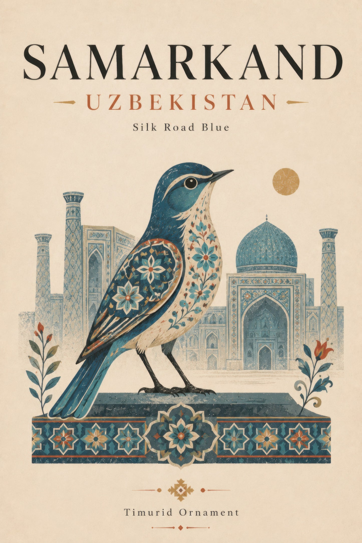 Mavi Bej Özbekistan Semerkant Kuş Temalı Dekoratif Duvar Tablosu