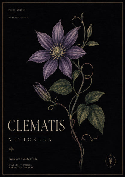 Mor Yeşil Clematis Çiçeği Botanik Duvar Tablosu