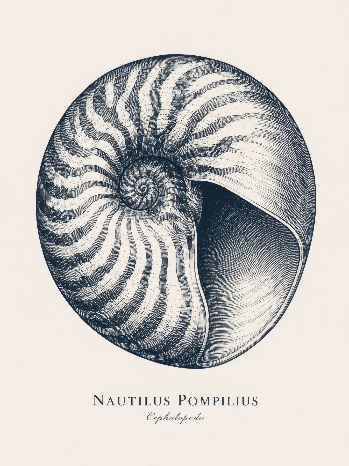 Lacivert Bej Nautilus Deniz Kabuğu Botanik Gravür Duvar Tablosu