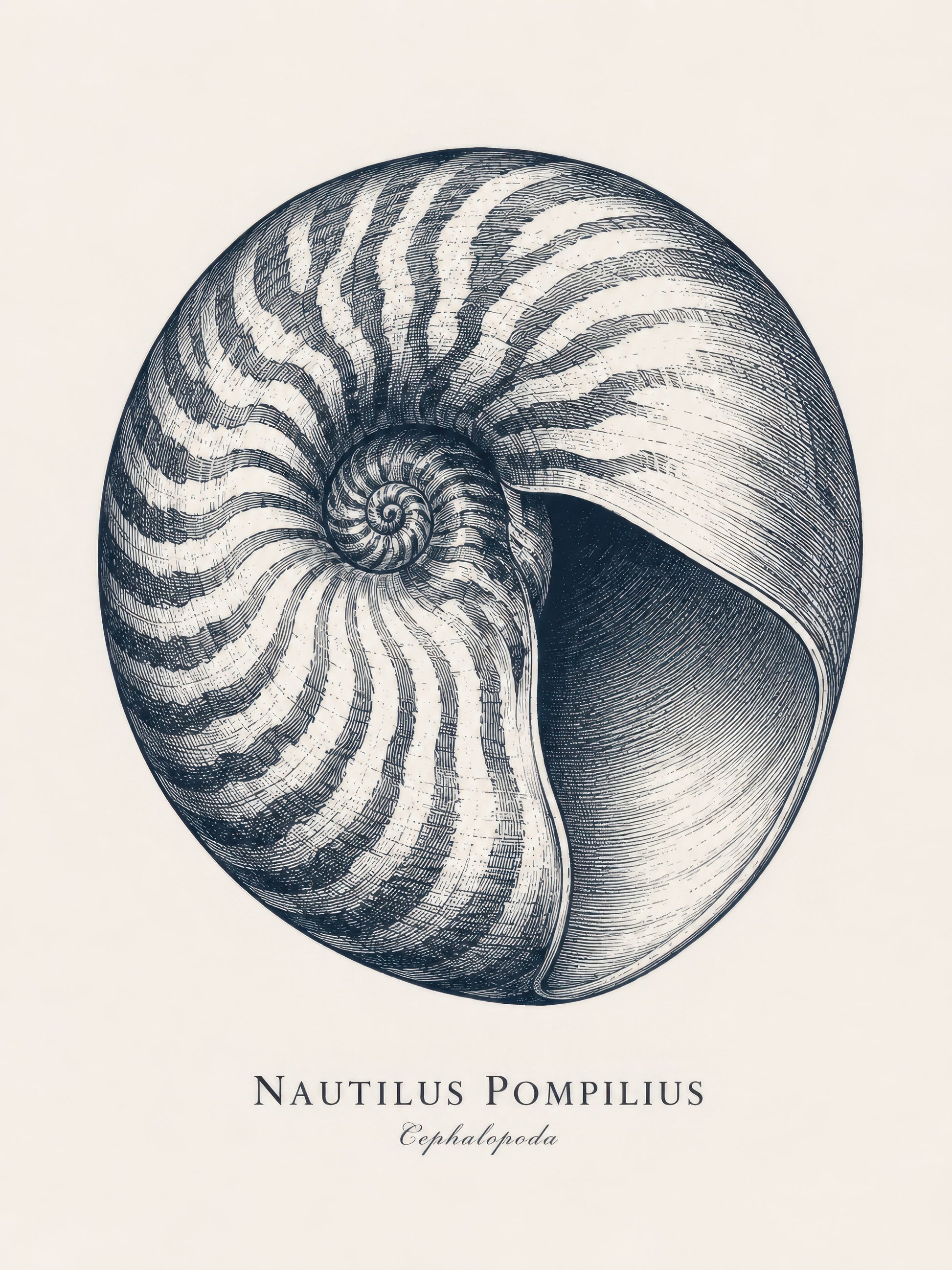 Lacivert Bej Nautilus Deniz Kabuğu Botanik Gravür Duvar Tablosu