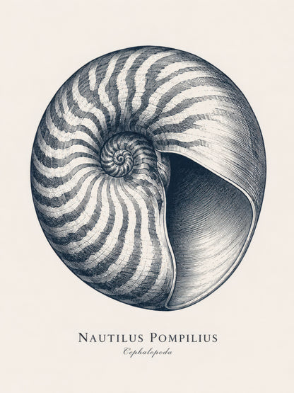 Lacivert Bej Nautilus Deniz Kabuğu Botanik Gravür Duvar Tablosu