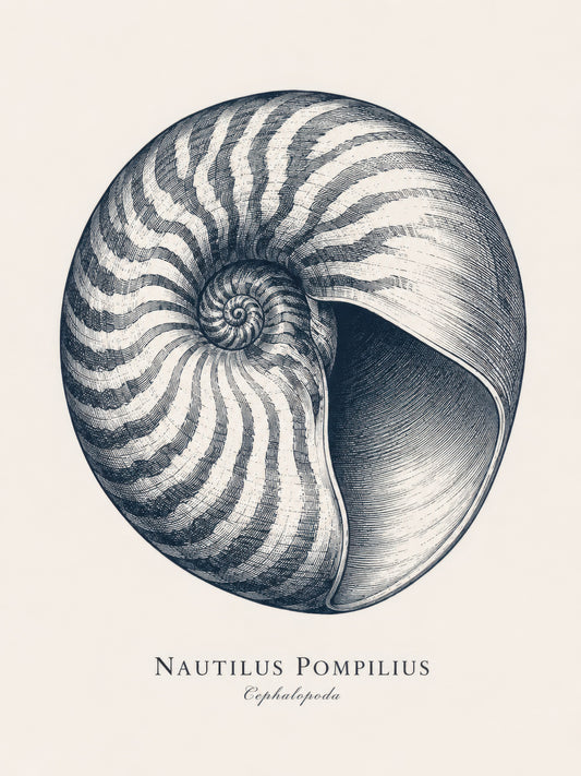 Lacivert Bej Nautilus Deniz Kabuğu Botanik Gravür Duvar Tablosu