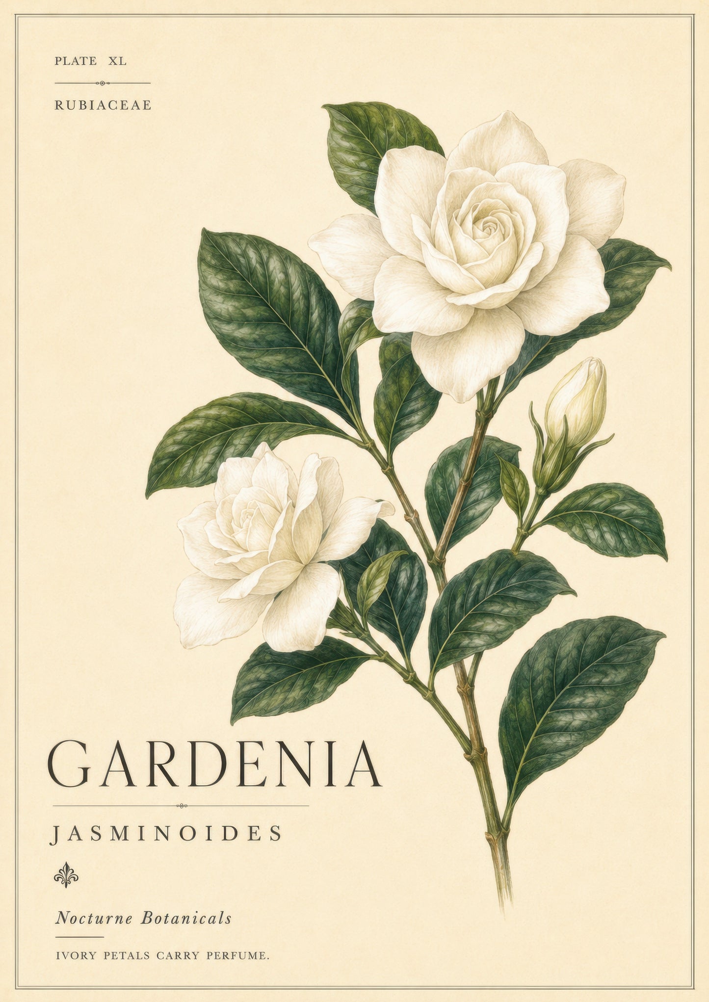 Krem Yeşil Gardenia Çiçeği Botanik Duvar Tablosu