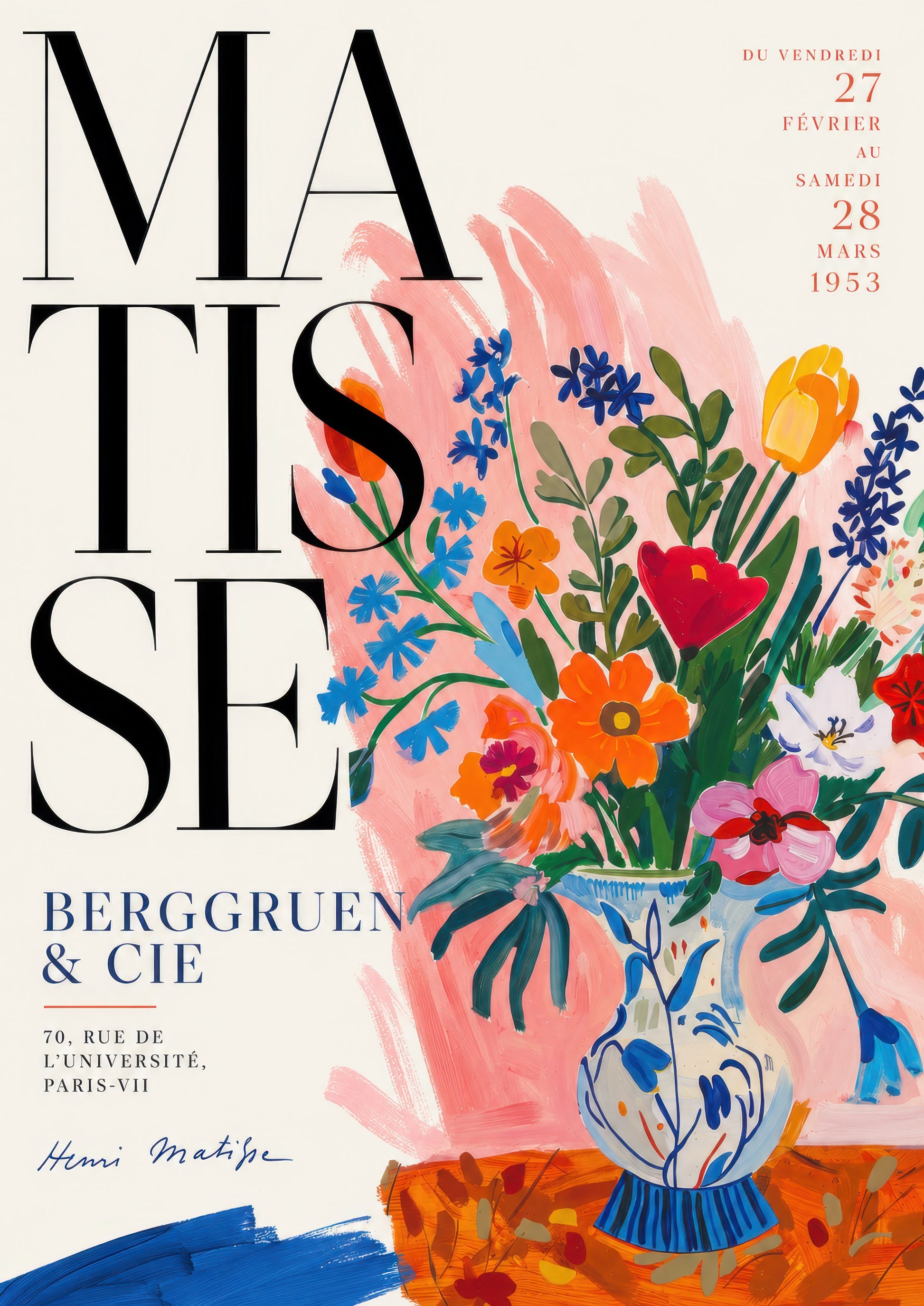 Pembe Mavi Turuncu Matisse Çiçek Vazosu Vintage Poster Duvar Tablosu