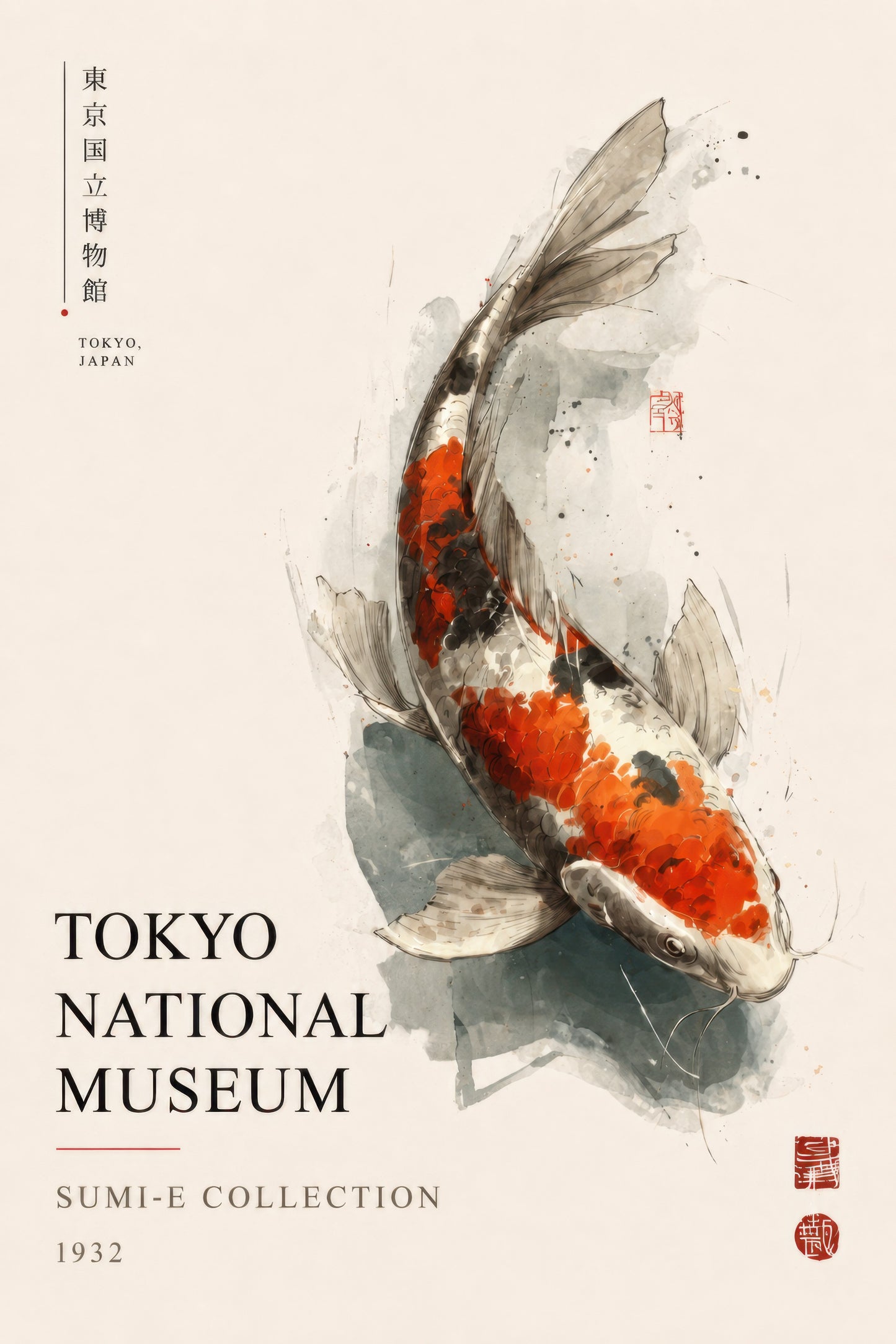 Turuncu Gri Japon Koi Balığı Sulu Boya Duvar Tablosu