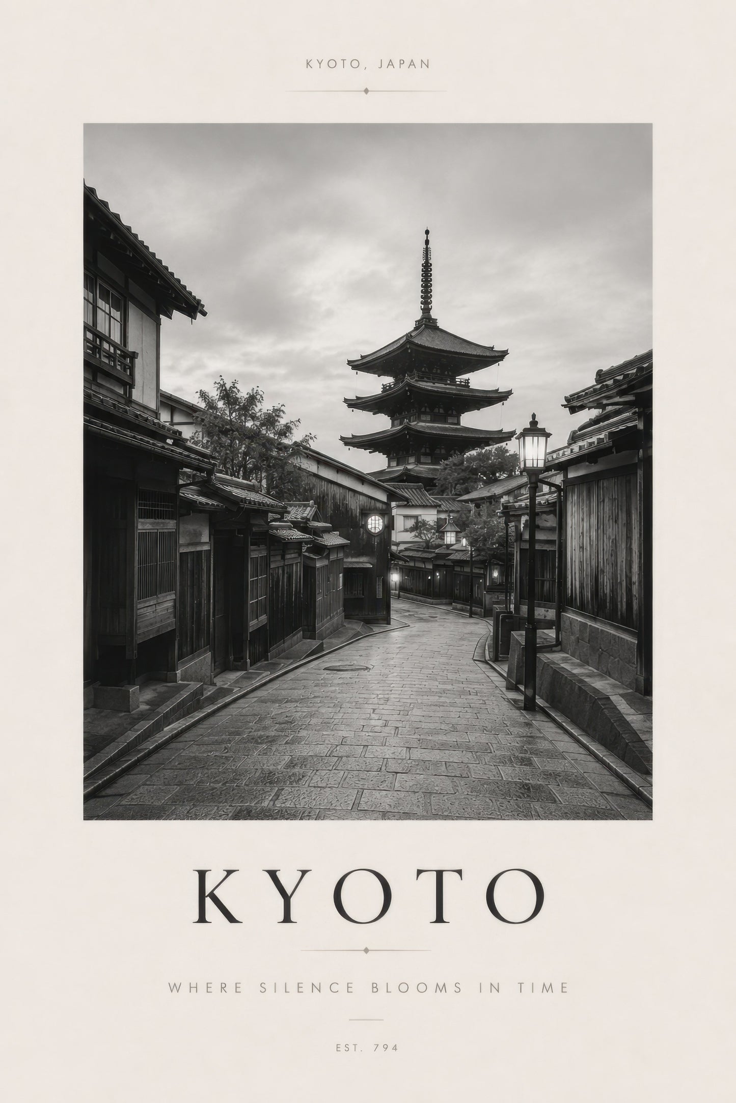 Siyah Beyaz Kyoto Pagoda Manzarası Minimalist Duvar Tablosu